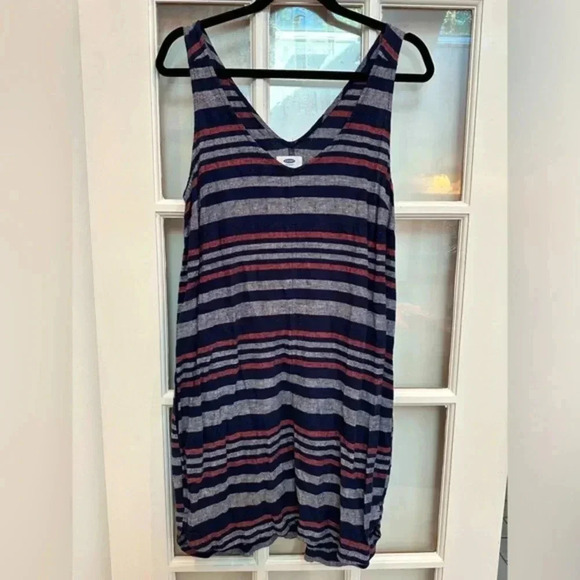 Old Navy Women’s Linen Blend Multi Color Striped Dress Side Pockets Size Medium - Picture 1 of 11
